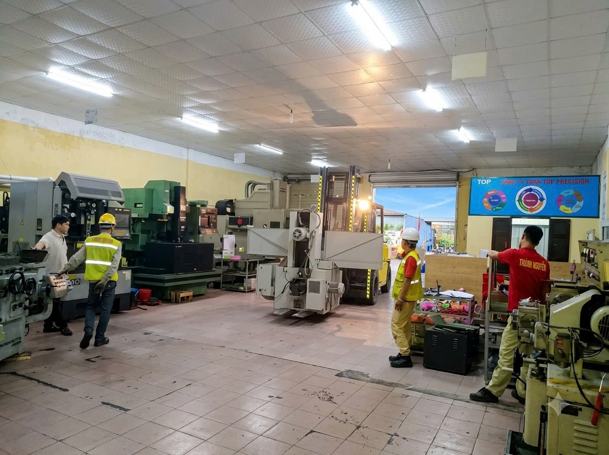 xe nâng Komatsu vận chuyển kiện máy móc dưới sự hoa tiêu dẫn đường của thợ rigger Thành Nguyên tại KCN Nam Sách Hải Dương - THÀNH HUY HOÀNG