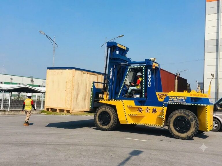 Dỡ Cont Cảng Biển & Bốc Xếp Kiện Gỗ Siêu Trọng Bằng Xe Nâng Komatsu FD200 Tại KCN Phúc Điền Hải Dương