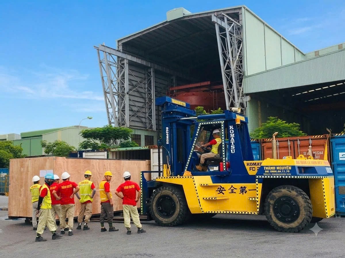 xe nâng Komatsu FD200 rút hàng container đường biển 40ft tại KCN Phúc Điền Mở Rộng Hải Dương