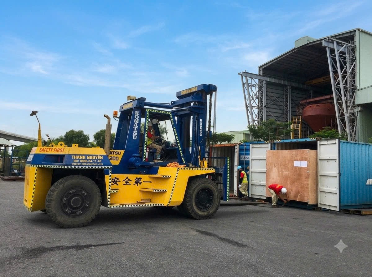 xe nâng 20 tấn rút kiện gỗ máy siêu trọng từ thùng container tại KCN Phúc Điền Mở Rộng Hải Dương