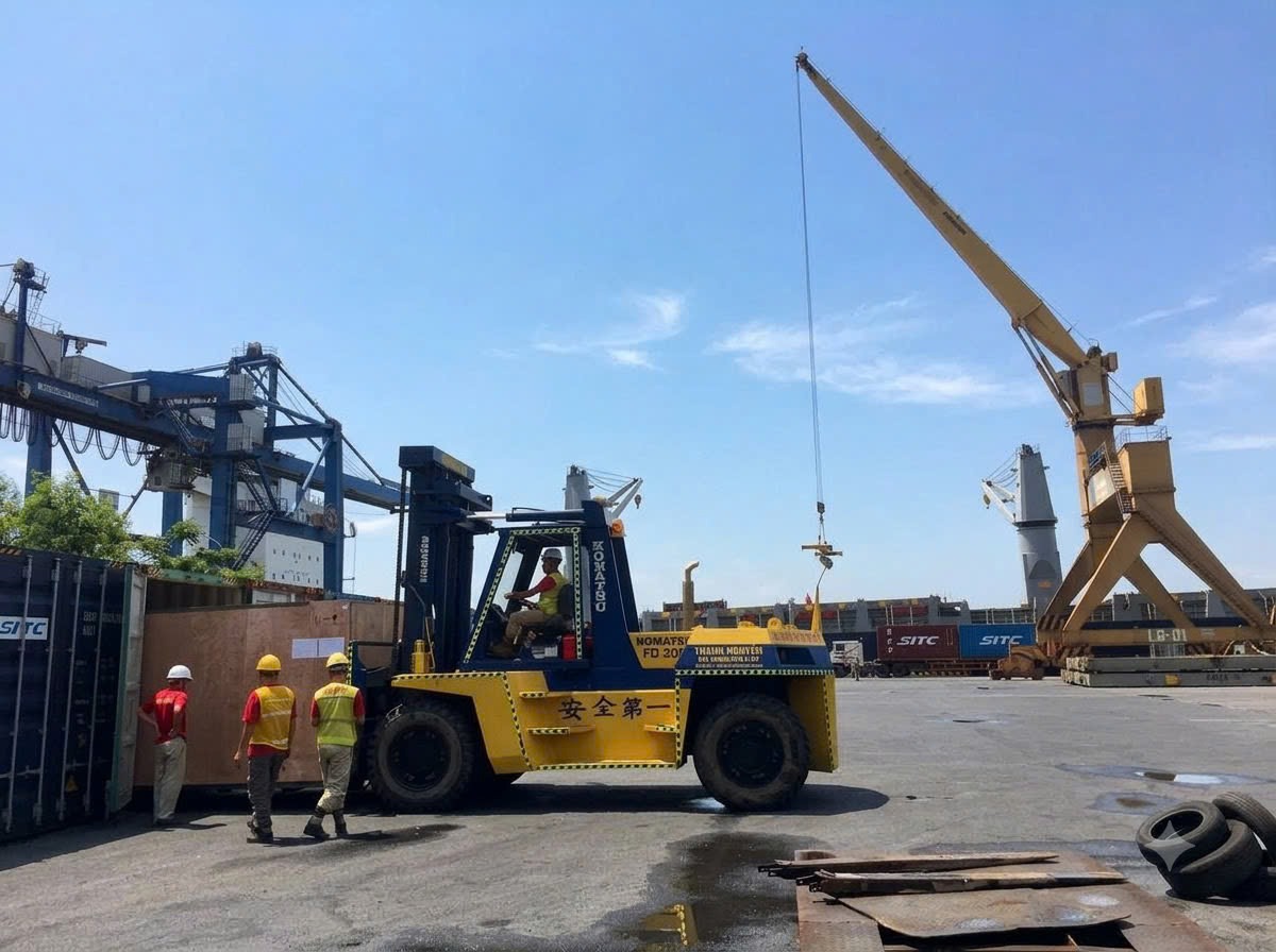 đội ngũ kỹ sư rigger tháo dỡ kiện gỗ uncrating máy công nghiệp bọc màng bảo vệ tại KCN Phúc Điền Mở Rộng Hải Dương