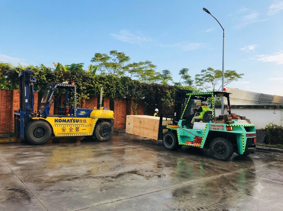 xe nâng Komatsu FD-135 và Mitsubishi vận chuyển kiện máy đóng pallet gỗ nội bộ tại KCN Đại An Hải Dương