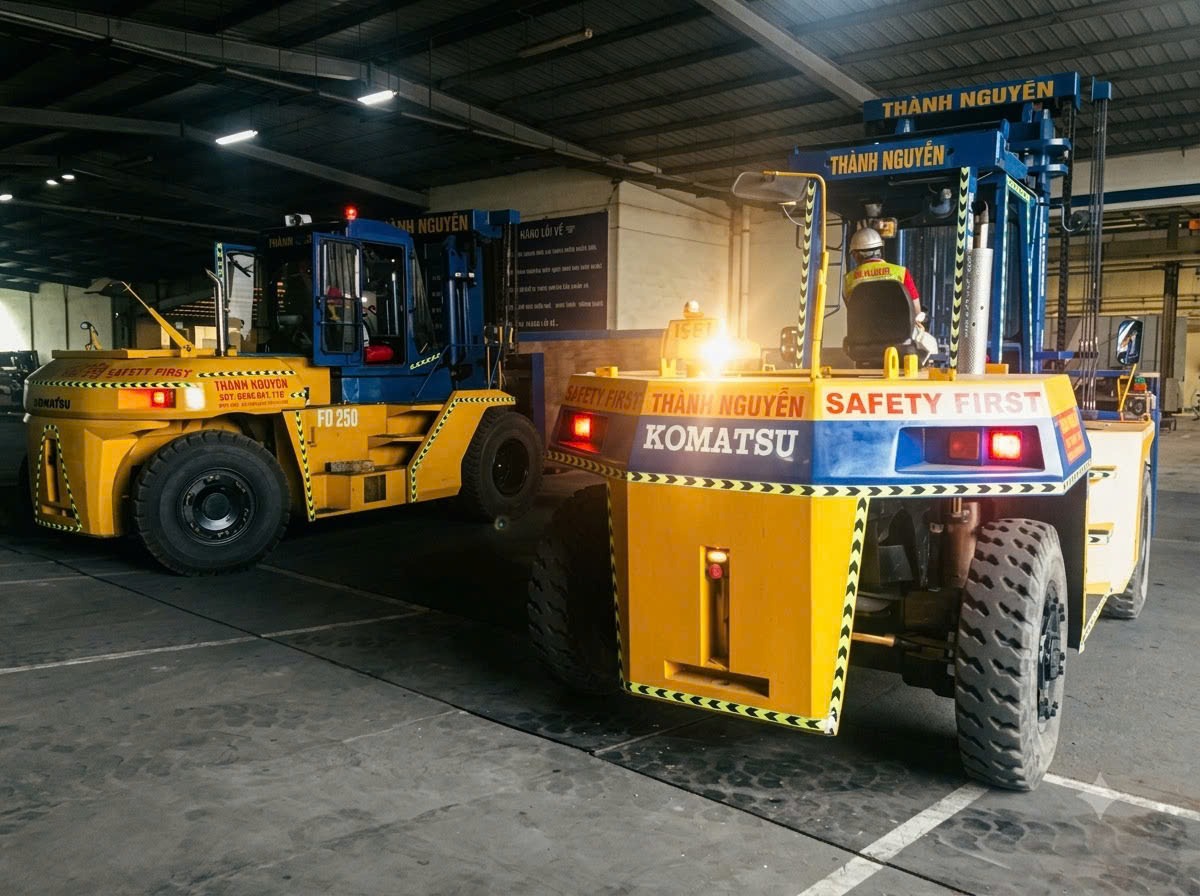 xe nâng Mitsubishi mỏ dài di chuyển máy bọc màng chuyên dụng trên sàn epoxy tại KCN Đại An Hải Dương