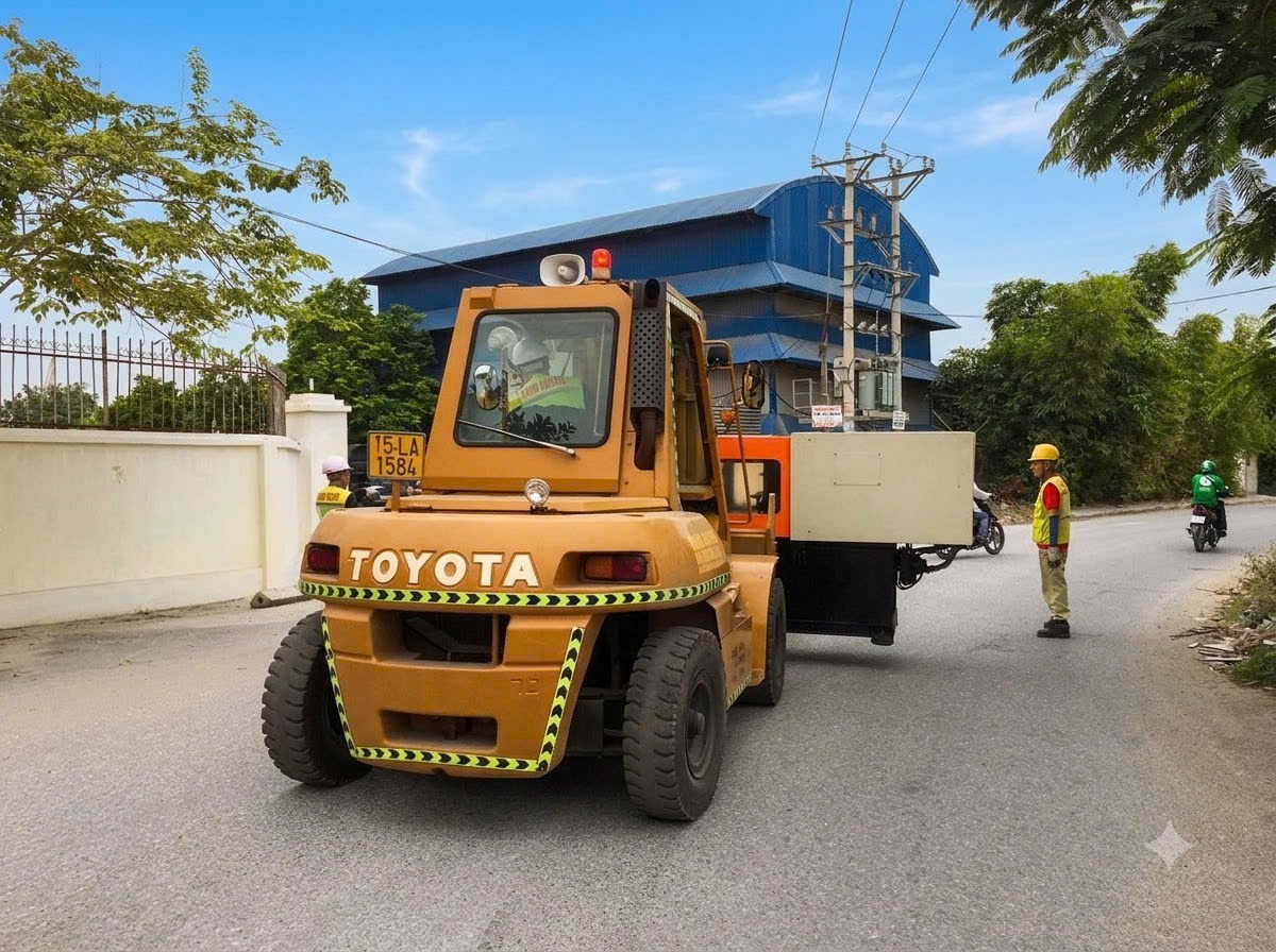 hoa tiêu an toàn phân luồng giao thông dẫn hướng xe nâng chở máy qua cửa xưởng tại KCN Đại An Hải Dương - THÀNH HUY HOÀNG