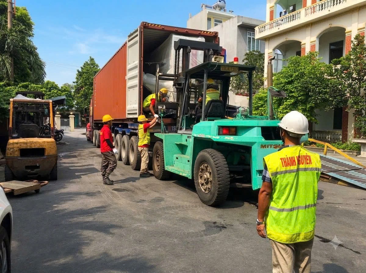 Rút ruột container bằng xe nâng hàng chuyên dụng tại KCN Phúc Điền Hải Dương