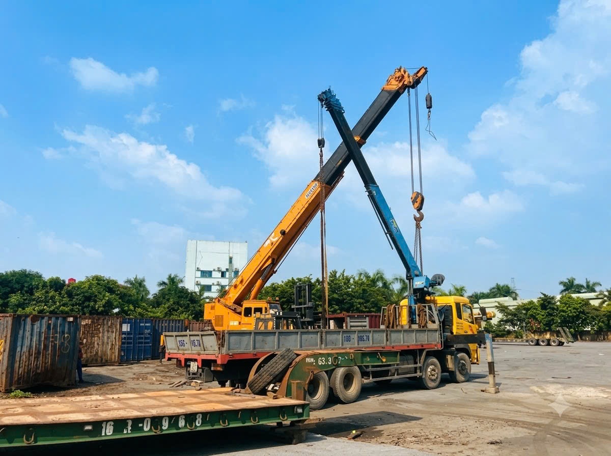 Tổ Hợp Cẩu Kato 50T & Xe Nâng 7T Bốc Dỡ Cụm Máy Đùn Ép Nhựa KCN Đại An Hải Dương 2026