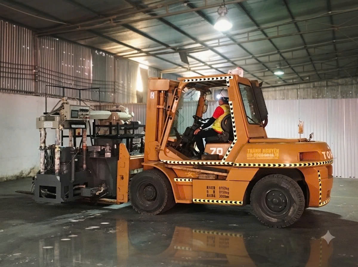 xe nâng hạng nặng luồn qua dầm cửa kho xưởng vận chuyển định vị bệ móng máy tại KCN Đại An Hải Dương - THÀNH HUY HOÀNG xe nâng hạng nặng luồn qua dầm cửa kho xưởng vận chuyển định vị bệ móng máy tại KCN Đại An Hải Dương - THÀNH HUY HOÀNG