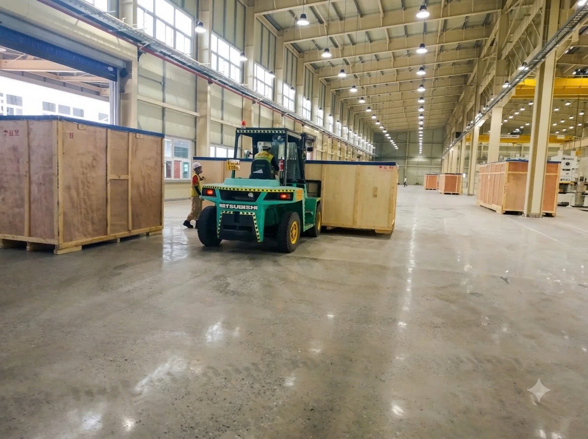 xe nâng Mitsubishi cabin kính vận chuyển kiện máy móc vào phân xưởng thông minh sàn bê tông mài bóng tại KCN Đại An Hải Dương - THÀNH HUY HOÀNG