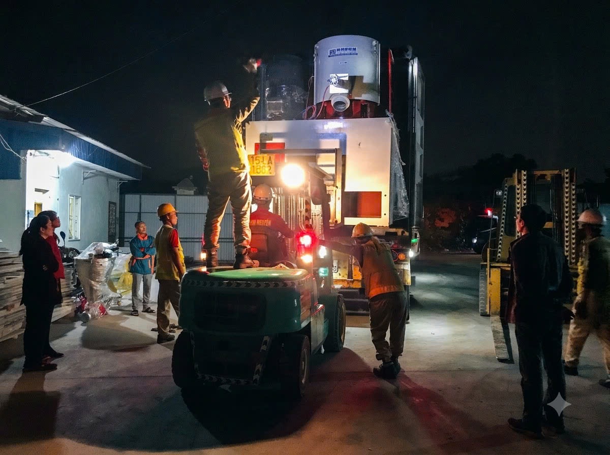 xe nâng Komatsu 7T Thành Nguyên luồn xưởng hạ bệ máy cán rulo nhiệt tại KCN Tân Trường Hải Dương - THÀNH HUY HOÀNG