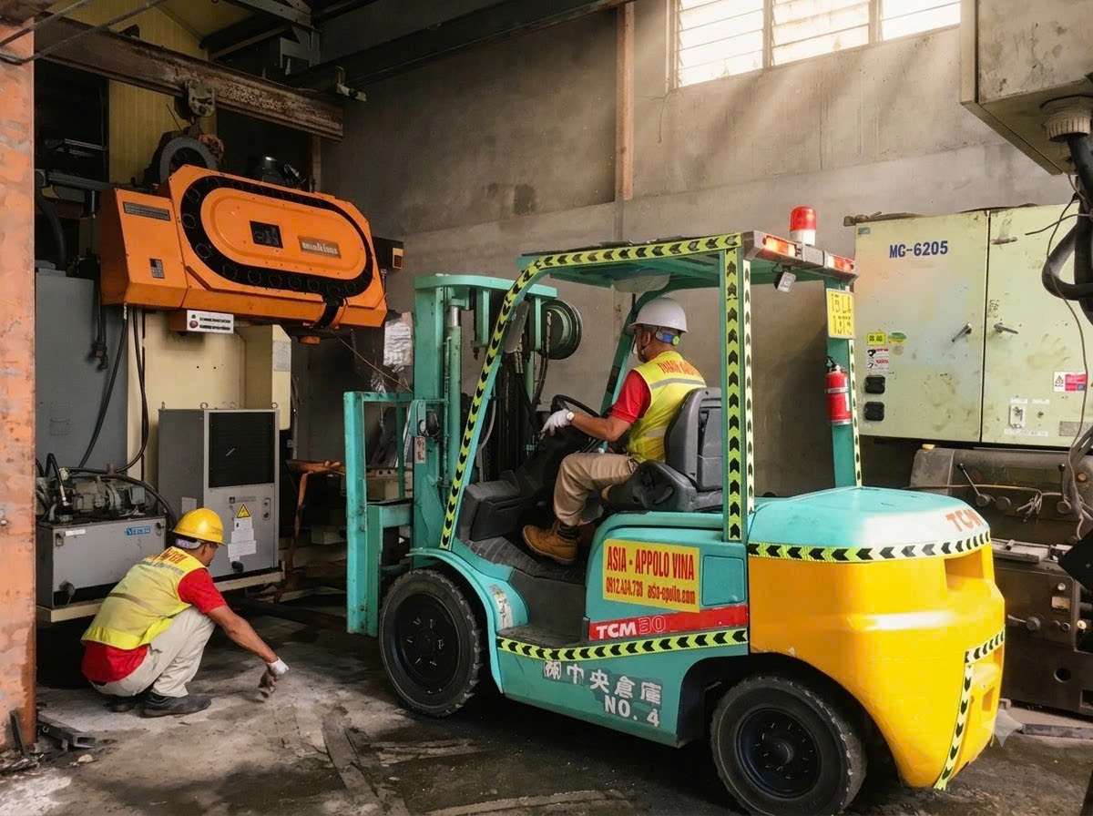 xe nâng TCM đón máy và đội rigger dùng rùa kích căn chỉnh bệ móng máy phay CNC Makino tại KCN Nam Sách Hải Dương - THÀNH HUY HOÀNG