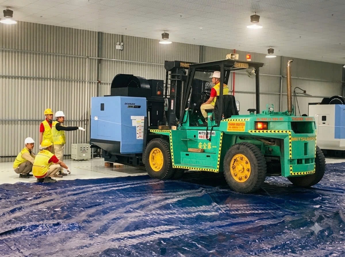 hạ đặt và cân chỉnh thăng bằng máy tiện CNC DOOSAN trên sàn bạt bảo vệ epoxy tại KCN Đại An Hải Dương - THÀNH HUY HOÀNG