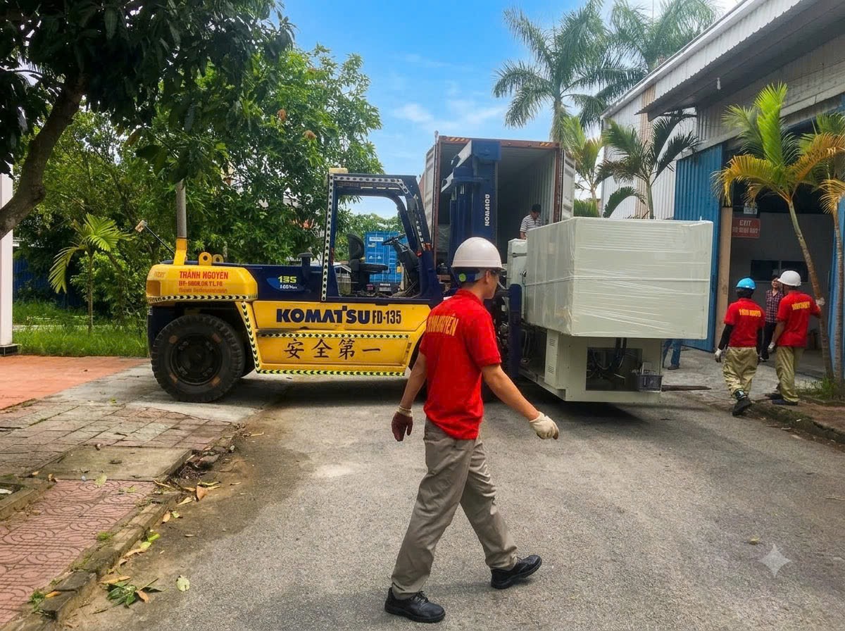 xe nâng Komatsu và Mitsubishi luồn càng nối nâng gầm máy LK Potenza PT250 tại KCN Tân Trường Hải Dương - THÀNH HUY HOÀNG