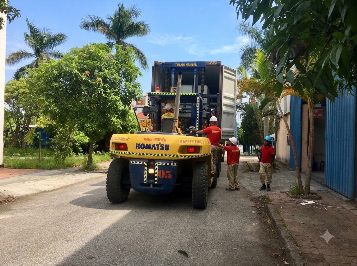 xe nâng Komatsu FD135 vận chuyển máy ép LK Potenza ra bãi tập kết tại KCN Tân Trường Hải Dương - THÀNH HUY HOÀNG