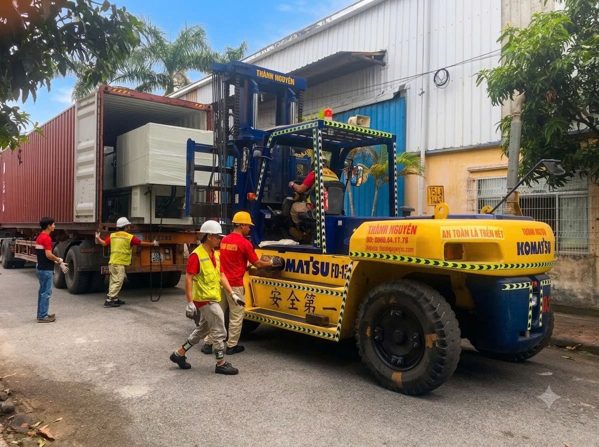 hạ đặt máy ép LK Potenza PT250 xuống gỗ tà vẹt nghiệm thu an toàn tại KCN Tân Trường Hải Dương - THÀNH HUY HOÀNG