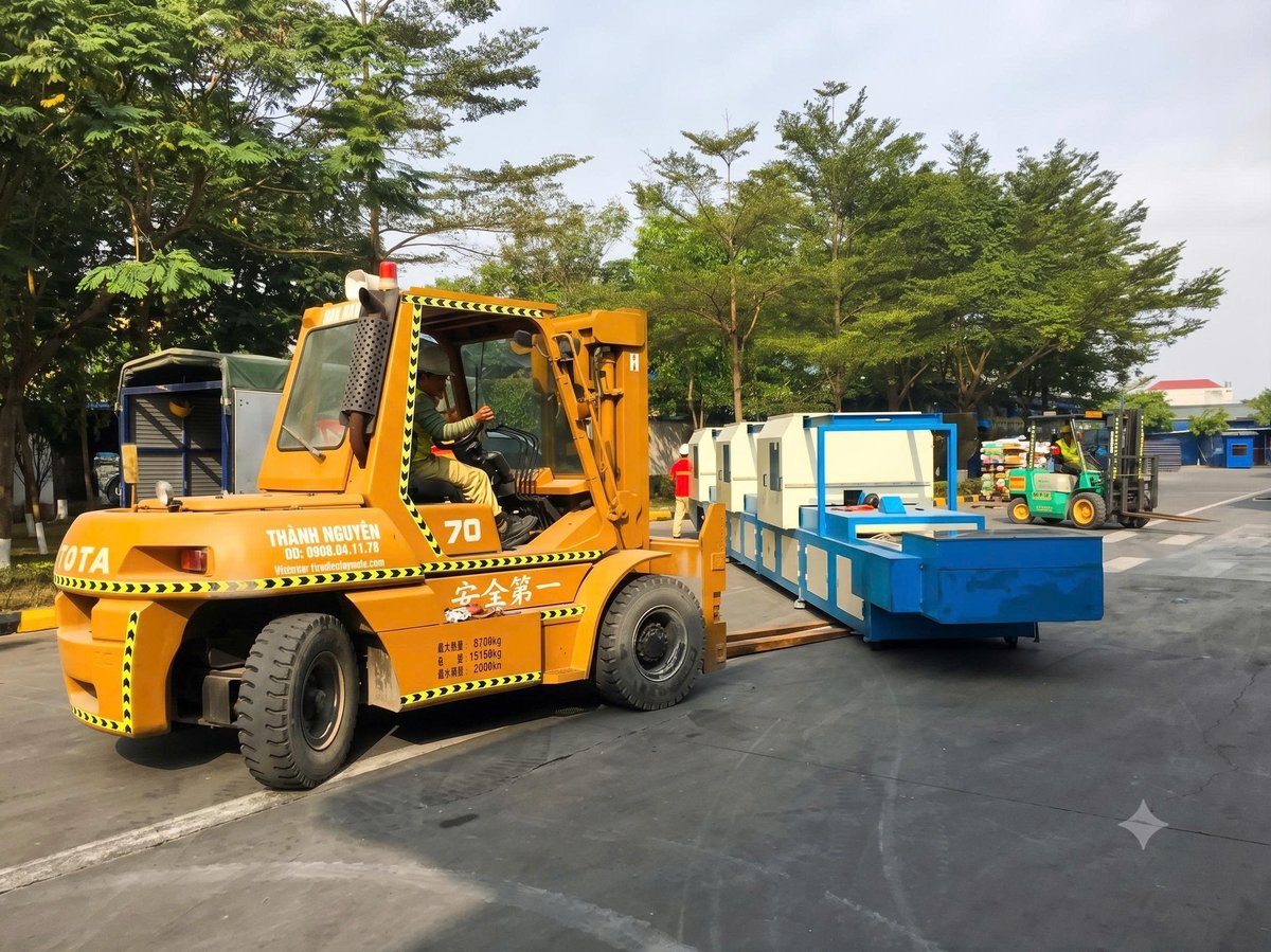 Xe nâng 7 tấn bốc dỡ kiện máy siêu trọng từ sơ-mi rơ-moóc Đại An Hải Dương - THÀNH HUY HOÀNG